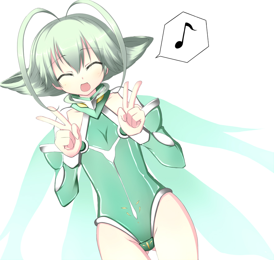 ar_tonelico ar_tonelico_ii bodysuit closed_eyes detached_sleeves fairy_wings flat_chest frelia green_hair gust hasumi_takashi musical_note open_mouth smile solo v wings