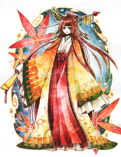 hime_cut ho-oh japanese_clothes leaf long_hair mashu89 personification pokemon solo
