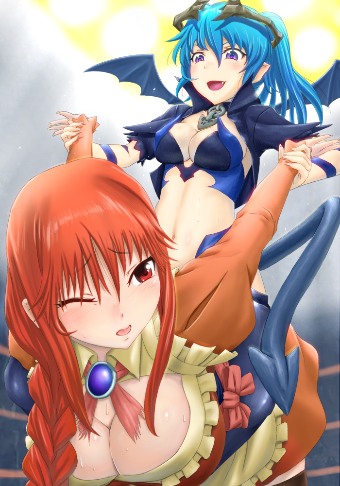 :d apron arms_behind_back bat_wings bent_over blue_hair blush braid breasts brooch choker cleavage demon_girl demon_tail devil horns jewelry kusakabe_makoto large_breasts long_hair multiple_girls naughty_face navel open_mouth pointy_ears ponytail purple_eyes red_eyes red_hair single_braid smile submission sweat tail tears waitress wince wings wrestling