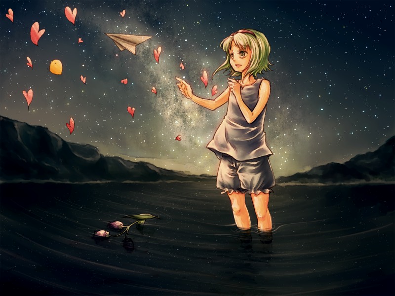 campanella_(vocaloid) chick flower goggles goggles_on_head green_hair gumi heart mountain night open_mouth paper_airplane ripples smile star vocaloid water yadori