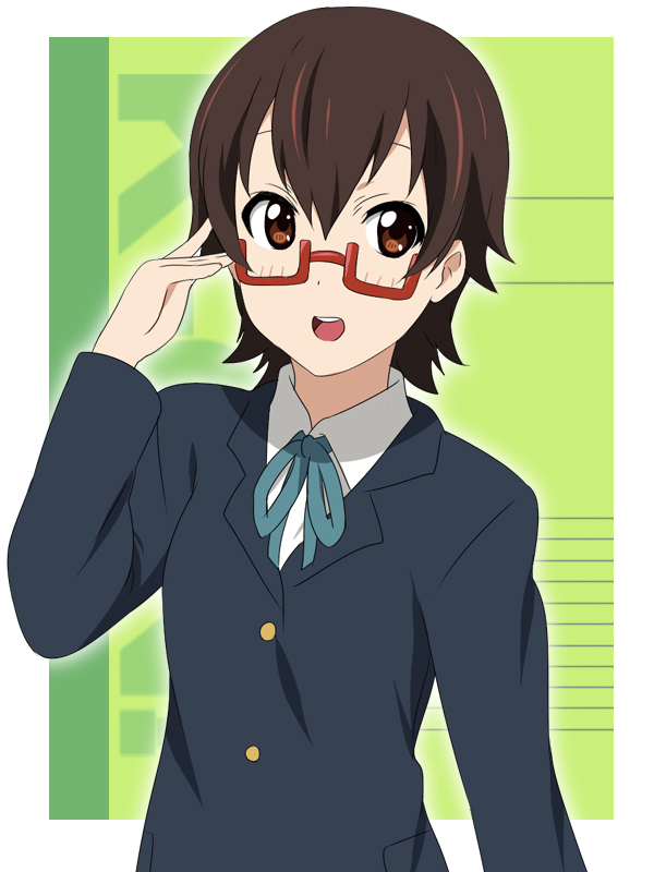 blush brown_eyes brown_hair face glasses ikari_manatsu k-on! manabe_nodoka necktie open_mouth red-framed_glasses school_uniform semi-rimless_glasses short_hair skirt solo under-rim_glasses