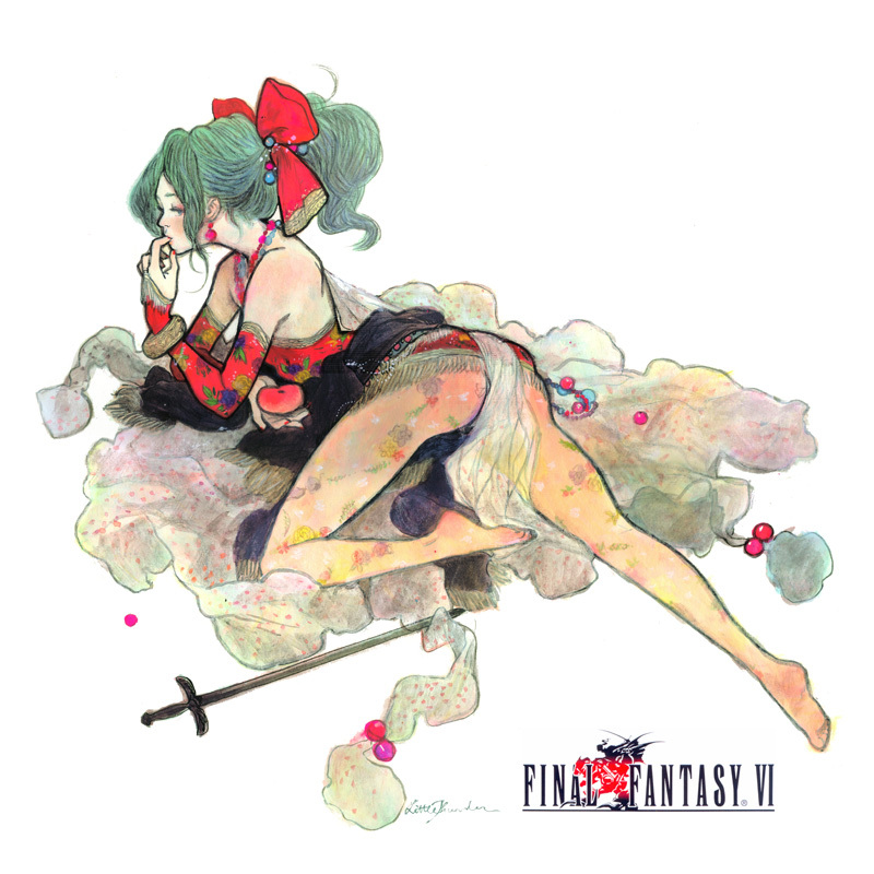 ass barefoot bow bracelet bridal_gauntlets earrings feet final_fantasy final_fantasy_vi finger_in_mouth graphite_(medium) green_hair hair_bow jewelry legs little_thunder logo necklace pantyhose ponytail solo sword tina_branford title_drop traditional_media watercolor_(medium) weapon