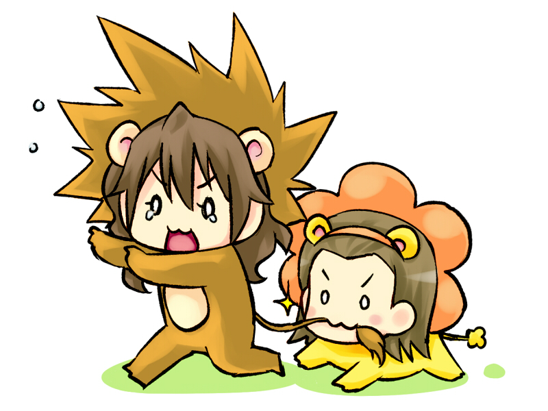 animal_costume biting brown_hair chibi edasaki_banri kiyama_harumi lion lion_costume long_hair piku short_hair tail to_aru_kagaku_no_railgun to_aru_majutsu_no_index