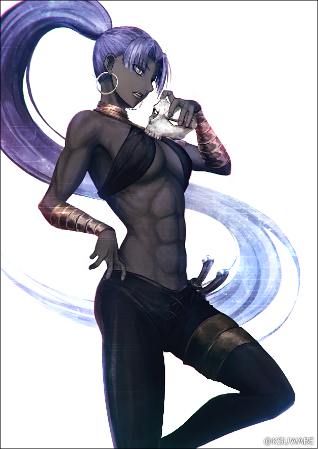 1girl abs assassin_(fate/zero) breasts commentary_request dark_skin earrings fate/grand_order fate/zero fate_(series) female_assassin_(fate/zero) holding holding_mask hoop_earrings jewelry kei-suwabe long_hair mask mask_removed muscle muscular_female purple_hair skull_mask solo twitter_username under_boob very_long_hair violet_eyes