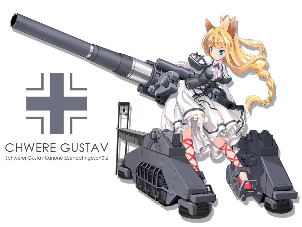 blonde_hair blue_eyes cannon character_name corset crown dress german girl_arms hat mecha mecha_musume military military_vehicle railway_gun ranguage schwerer_gustav translated vehicle wallpaper world_war_ii zeco