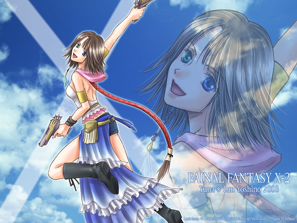 1024x768 1girl arm_up armband belt_pouch blue_eyes boots brown_hair character_name clouds dual_wielding female final_fantasy final_fantasy_x final_fantasy_x-2 frills green_eyes gun heterochromia holding holding_gun holding_weapon open_mouth short_shorts shorts sky sleeveless solo wallpaper weapon wristband yuna zoom_layer