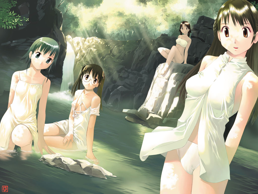 barefoot dress forest glasses iuro multiple_girls nature swimsuit water waterfall yiouf_works