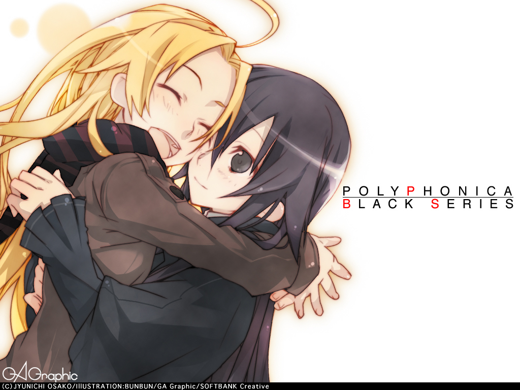 2girls :d ^_^ ahoge black_hair blonde_hair blush bunbun closed_eyes coat gagraphic hug long_hair machiya_matia multiple_girls open_mouth polyphonica:the_black saji_sherrica scarf shinkyoku_soukai_polyphonica smile very_long_hair wallpaper wink