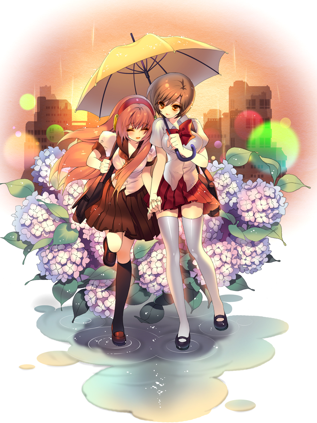 bag brown_eyes brown_hair cherrypin flower hairband hands highres holding_hands hydrangea legs long_hair megurine_luka meiko multiple_girls pink_hair rain school_uniform seifuku serafuku shared_umbrella shoes short_hair skirt smile thigh-highs thighhighs umbrella vocaloid zettai_ryouiki