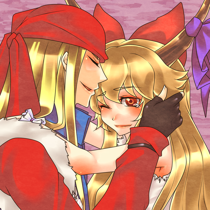 axl_low bow crossover discharge_cycle fingerless_gloves gloves guilty_gear hair_bow horn_ribbon horns ibuki_suika m.u.g.e.n mugen_(game) oni red_eyes ribbon tears touhou wince