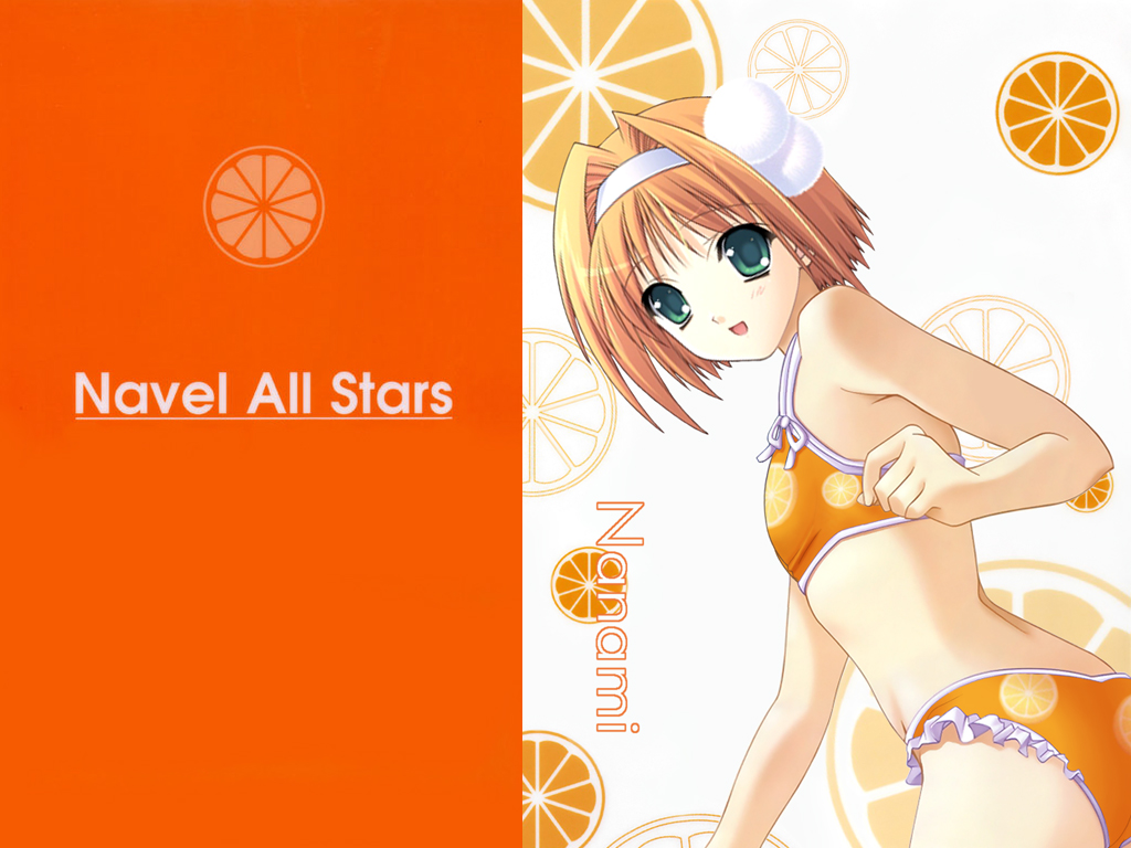 flat_chest food food_themed_clothes frilled_bikini frills fruit hairband inatsuki_nanami looking_back orange orange_(color) orange_hair short_hair solo soul_link suzuhira_hiro swimsuit wallpaper