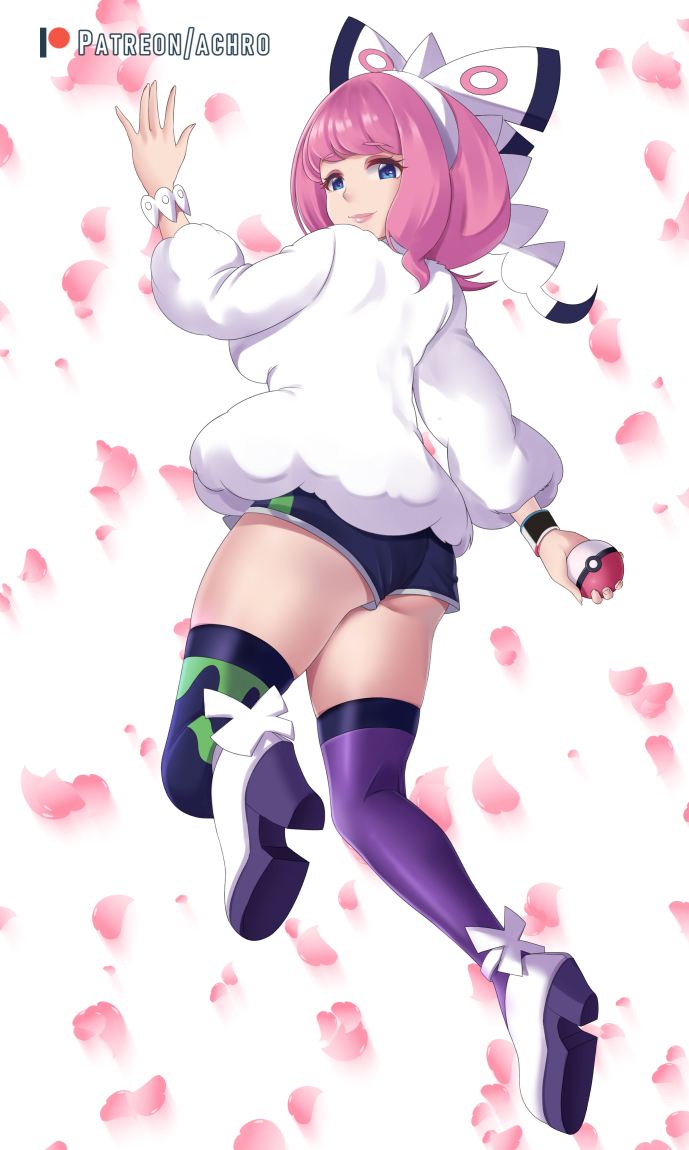 1girl achromaru artist_name ass bangs bow breasts commentary eyebrows_visible_through_hair fur_coat hair_bow hairband holding holding_poke_ball kurara_(pokemon) looking_at_viewer patreon_logo pink_hair poke_ball pokemon pokemon_(game) pokemon_swsh shoes short_hair smile solo thigh-highs violet_eyes white_bow white_coat