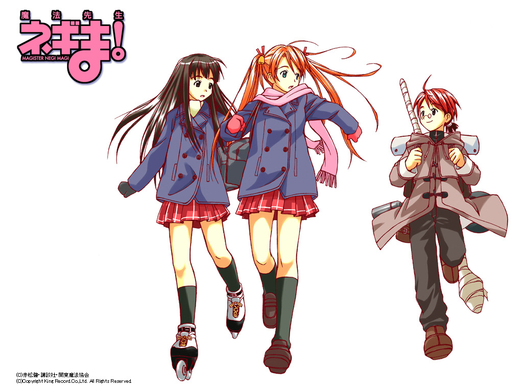 2girls ahoge akamatsu_ken bag bell black_hair blue_eyes glasses hair_bell hair_ornament hooded_jacket inline_skates jacket kagurazaka_asuna konoe_konoka mahou_sensei_negima mahou_sensei_negima! mittens multiple_girls negi_springfield orange_hair pince-nez roller_skates running scarf school_bag school_uniform skates skirt socks twintails wand winter_clothes