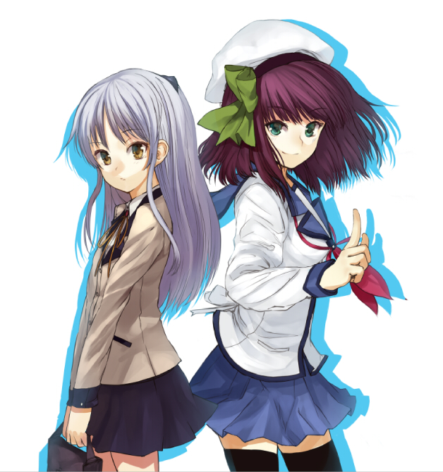 angel_beats! back-to-back bag black_legwear black_thighhighs bow face green_eyes hat multiple_girls purple_hair school_uniform serafuku shirabi_(life-is-free) short_hair silver_hair skirt smile tachibana_kanade thigh-highs thighhighs yellow_eyes yuri_(angel_beats!)