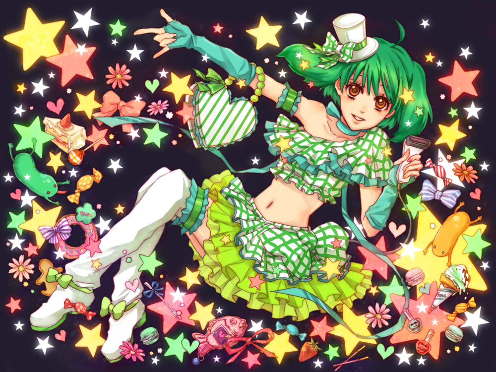 amano_(tsubakicome) bow cake candy food frills gathers green_hair hat heart lollipop macaron macross macross_frontier midriff mini_top_hat nail_polish_bottle navel pastry pocky ranka_lee red_eyes short_hair smile solo star thigh-highs thighhighs top_hat