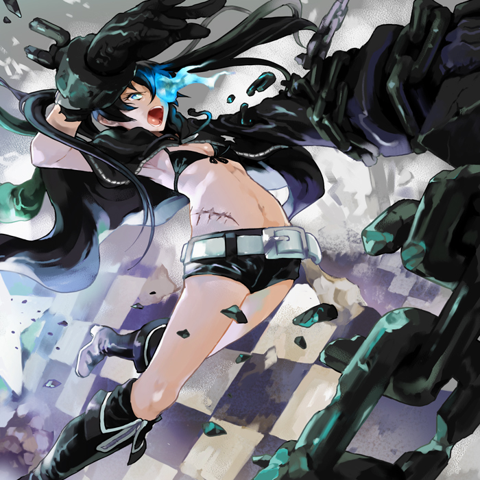 arm_cannon belt bikini_top black_hair black_rock_shooter black_rock_shooter_(character) blue_eyes boots chain checkered checkered_floor gloves glowing_eye jacket kyuusugi_toku long_hair midriff open_mouth scar shorts star stitches twintails uneven_twintails weapon