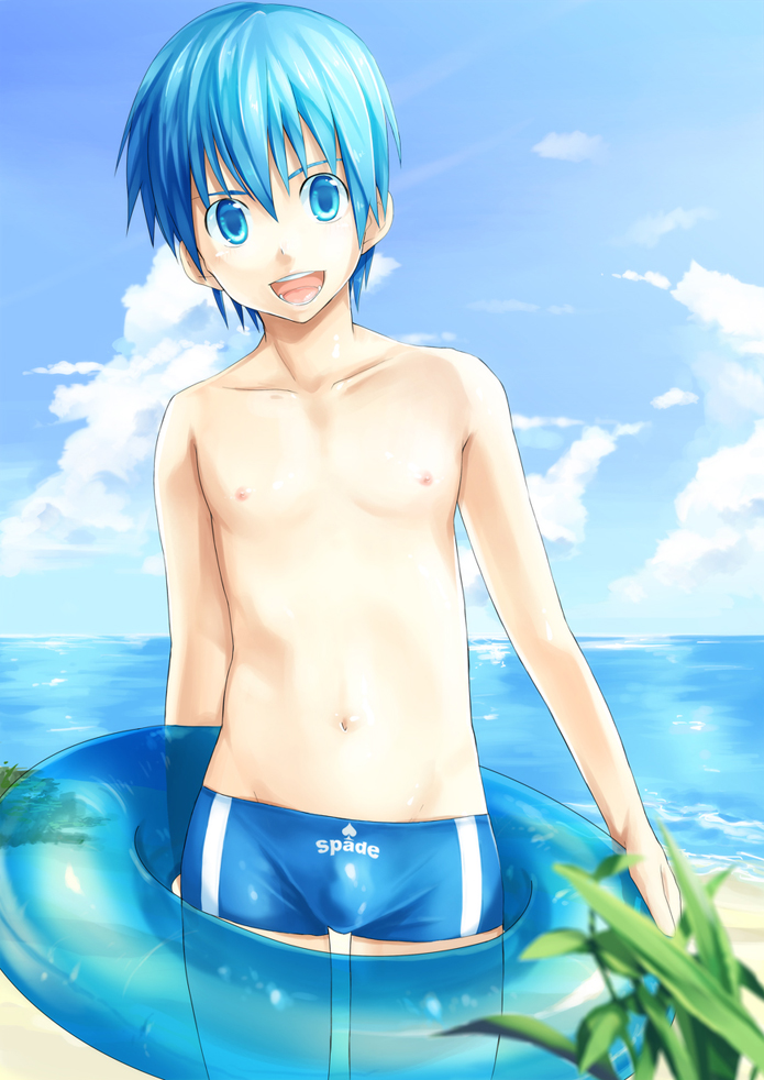 beach blue_eyes blue_hair bulge innertube kyouta_(a01891226) male original short_hair solo swim_trunks swimsuit