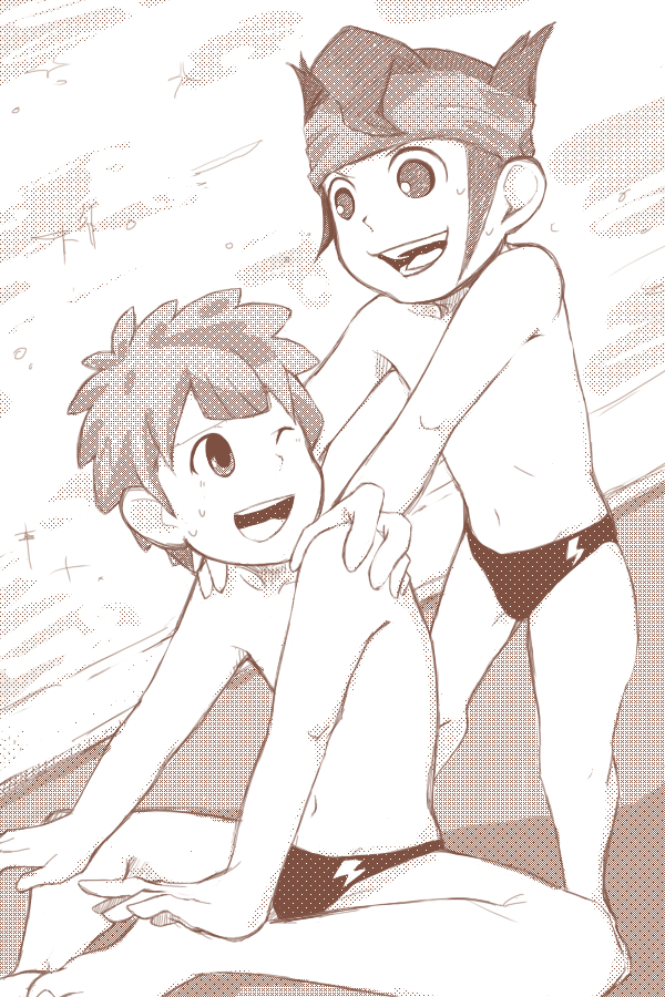 endou_mamoru headband inazuma_eleven male monochrome nagu_(tonagynn) short_hair speedo swimsuit tachimukai_yuuki