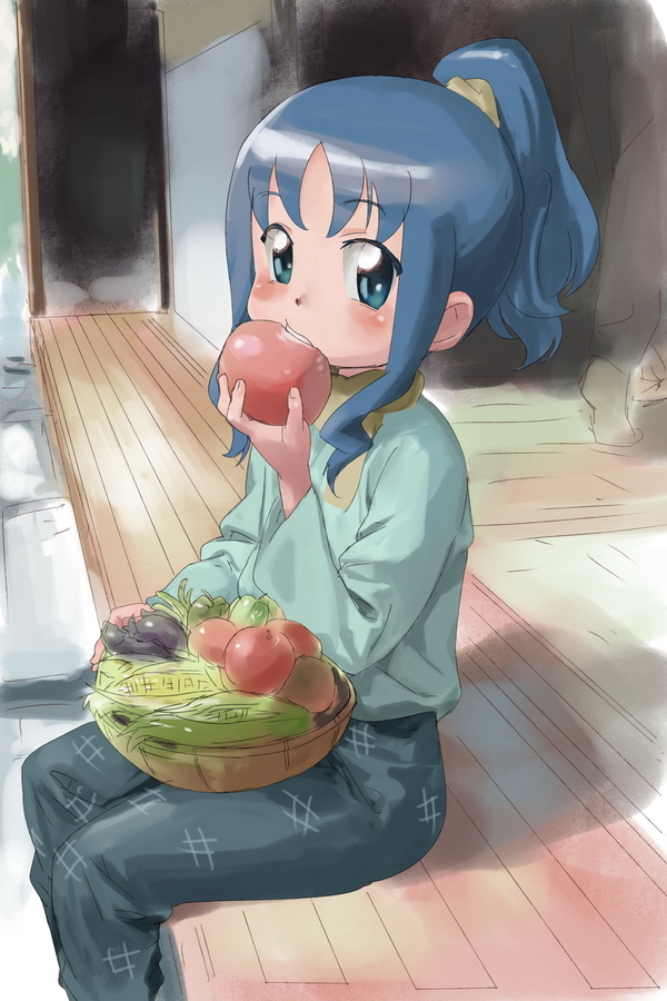 apple blue_hair eating food fruit futari_wa_precure heartcatch_precure! japanese_clothes kurumi_erika long_hair makacoon ponytail porch precure sitting solo tomato veranda