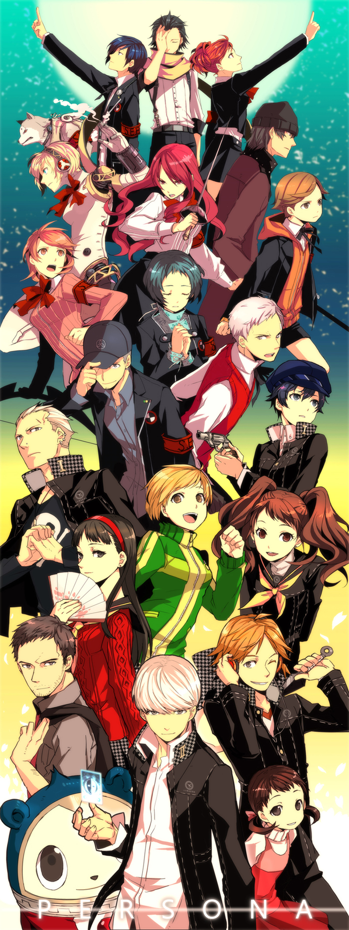 amada_ken amagi_yukiko aragaki_shinjirou arisato_minato baseball_cap bear bow brown_hair cabbie_hat closed_eyes crossover doujima_nanako doujima_ryoutarou everyone facial_hair fan female_protagonist_(persona_3) full_moon grin gun hairband hanamura_yousuke handgun hat headphones highres iori_junpei kirijou_mitsuru koromaru kujikawa_rise kuma_(persona_4) kunai mochizuki_ryouji moon narukami_yuu persona persona_3 persona_3_portable persona_4 rapier reverse_trap revolver saeuchobab sanada_akihiko satonaka_chie seta_souji shirogane_naoto short_hair smile stubble sword takeba_yukari tatsumi_kanji teddie_(persona_4) tonkotsu_ramen twintails weapon white_hair wink yamagishi_fuuka