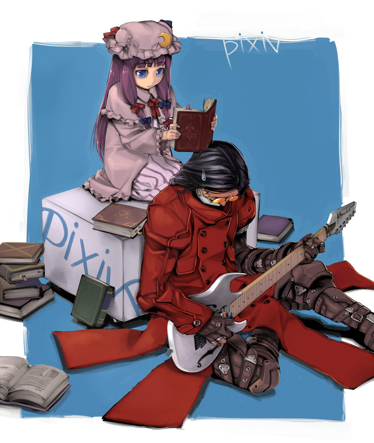 black_hair blue_eyes book character_request cosplay electric_guitar glasses gloves guitar instrument long_hair mask patchouli_knowledge pixiv plectrum purple_hair reading sitting surgical_mask sweatdrop touhou trigun vash_the_stampede vash_the_stampede_(cosplay)