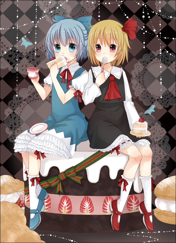 blonde_hair blue_eyes blue_hair bow butterfly cake cirno eating food hair_bow mary_janes mia0309 miya0309 multiple_girls red_eyes redhead rumia shoes socks spoon touhou