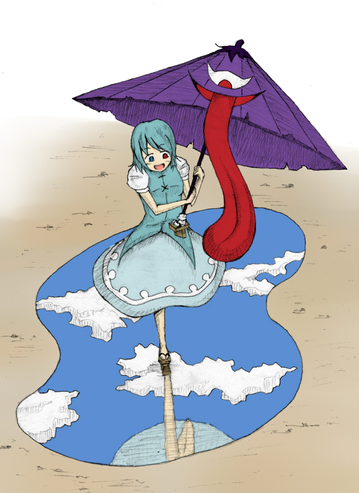 blue_hair cloud clouds dress geta heterochromia karakasa_obake puddle short_hair sky solo tatara_kogasa tongue touhou umbrella