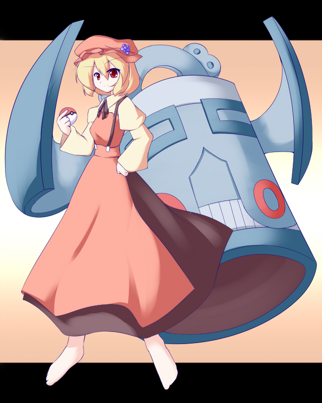 1girl aki_minoriko bronzong crossover dress grapes hat miyo_(miyomiyo01) poke_ball pokemon pokemon_(creature) touhou