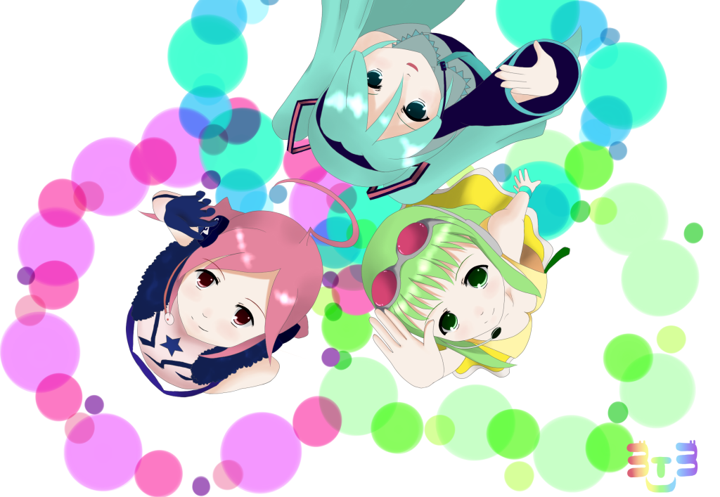 ahoge aqua_eyes aqua_hair breasts cleavage detached_sleeves earmuffs from_above gloves goggles goggles_on_head green_eyes green_hair gumi hatsune_miku headphones headset looking_up miki_(vocaloid) multiple_girls red_eyes red_hair redhead sf-a2_miki spots staccato_(vocaloid) twintails vocaloid waving