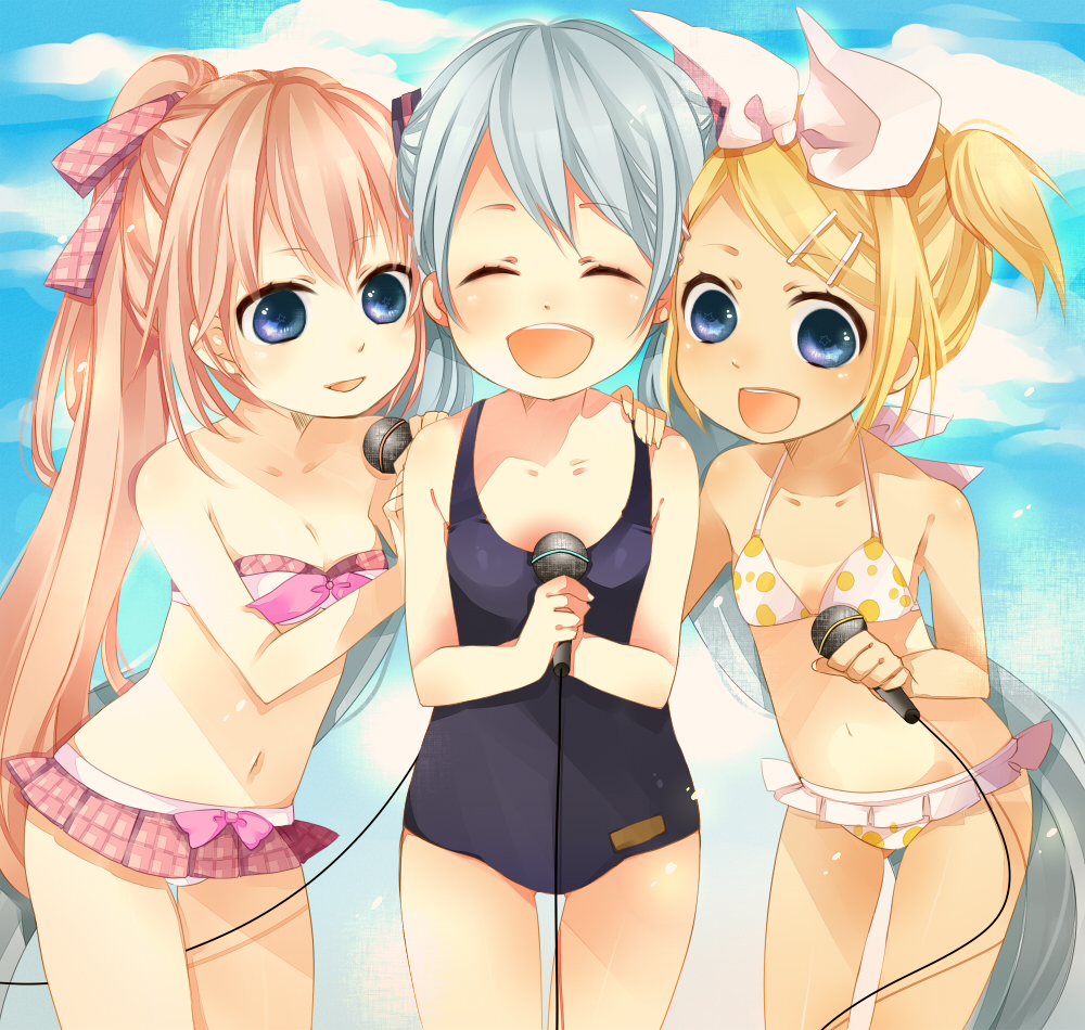 aqua_hair bikini blonde_hair blue_eyes child hair_ornament hair_ribbon hairclip hatsune_miku kagamine_rin long_hair mata megurine_luka microphone multiple_girls open_mouth pink_hair ponytail project_diva project_diva_2nd ribbon singing smile swimsuit twintails vocaloid young
