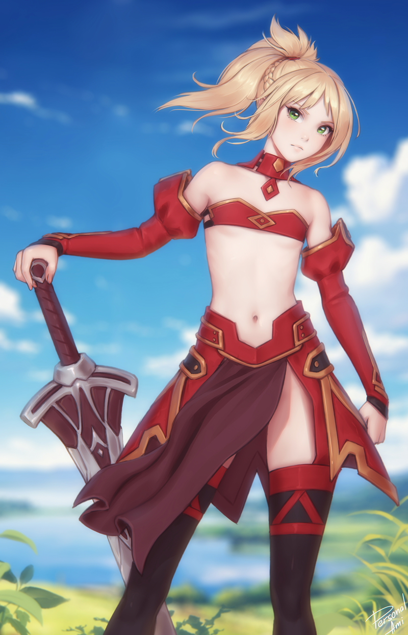 1girl bare_shoulders braid clouds detached_collar detached_sleeves fate/grand_order fate_(series) green_eyes highres midriff mordred_(fate) navel outdoors personal_ami ponytail scrunchie skindentation sky solo strapless sword thigh-highs tube_top weapon wind