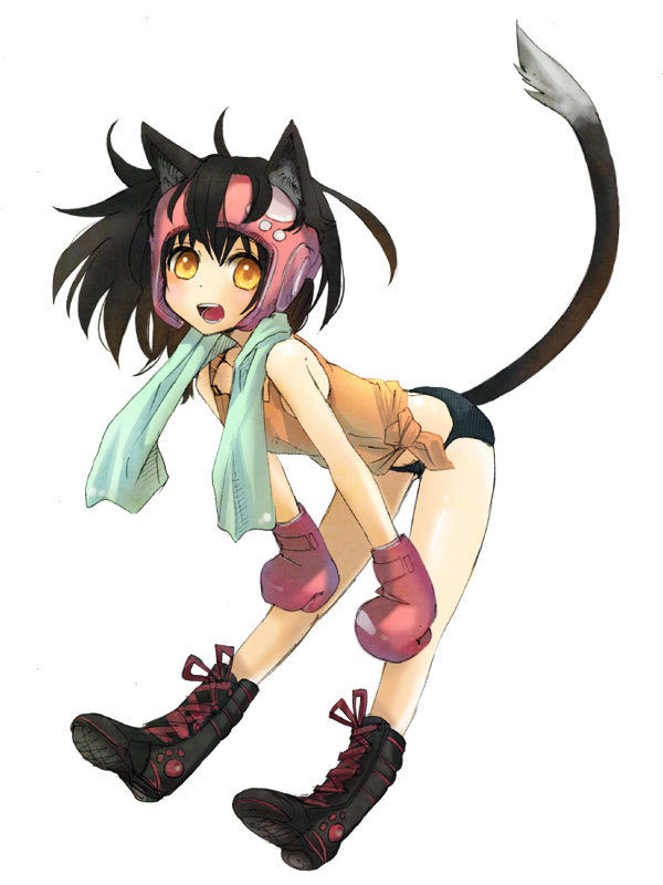 animal_ears black_hair boots boxing_gloves buruma cross-laced_footwear fuwayu lace-up_boots leaning_forward open_mouth original simple_background solo tail towel yellow_eyes
