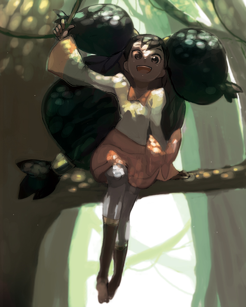 black_hair bow branch brown_eyes dark_skin forest iris_(pokemon) kane looking_down nature open_mouth pokemon pokemon_(anime) pokemon_(game) pokemon_black_and_white ponytail shade sitting skirt smile solo twintails two_side_up