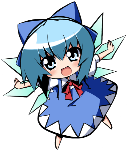 blue_eyes blue_hair chibi cirno fairy hair_ribbon lowres open_mouth outstretched_arms outstretched_hand ribbon short_hair shun_ss smile solo touhou wings