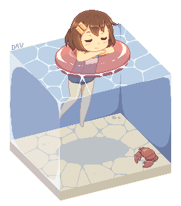 1girl afloat animated animated_gif brown_hair chibi closed_eyes crab dav-19 female hair_ornament hairclip hirasawa_yui innertube isometric k-on! lowres partially_submerged pixel_art relaxing school_swimsuit short_hair solo swimsuit transparent_background water