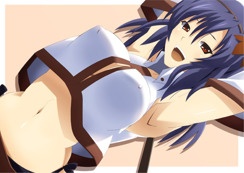 armpits cosplay kochiya_sanae kochiya_sanae_(cosplay) navel open_mouth purple_hair red_eyes shin'ya_(nanp) shinya_(nanpp) solo touhou yasaka_kanako