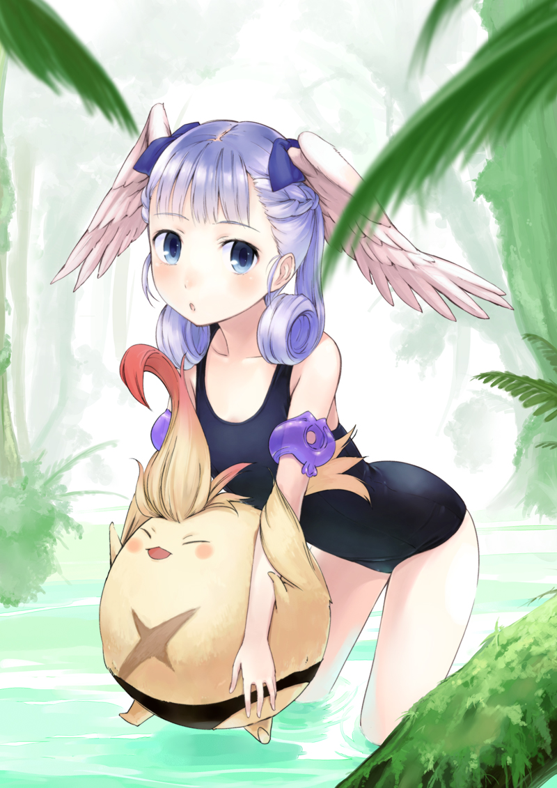 blue_eyes blue_hair bow curly_hair hair_bow head_wings leaning_forward long_hair melia nintendo one-piece_swimsuit riki_(xenoblade) scar swimsuit u_(the_unko) wading water xenoblade