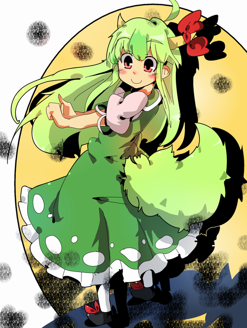 bad_id bow ex-keine green_hair horns kamishirasawa_keine long_hair red_eyes ribbon smile solo tail touhou