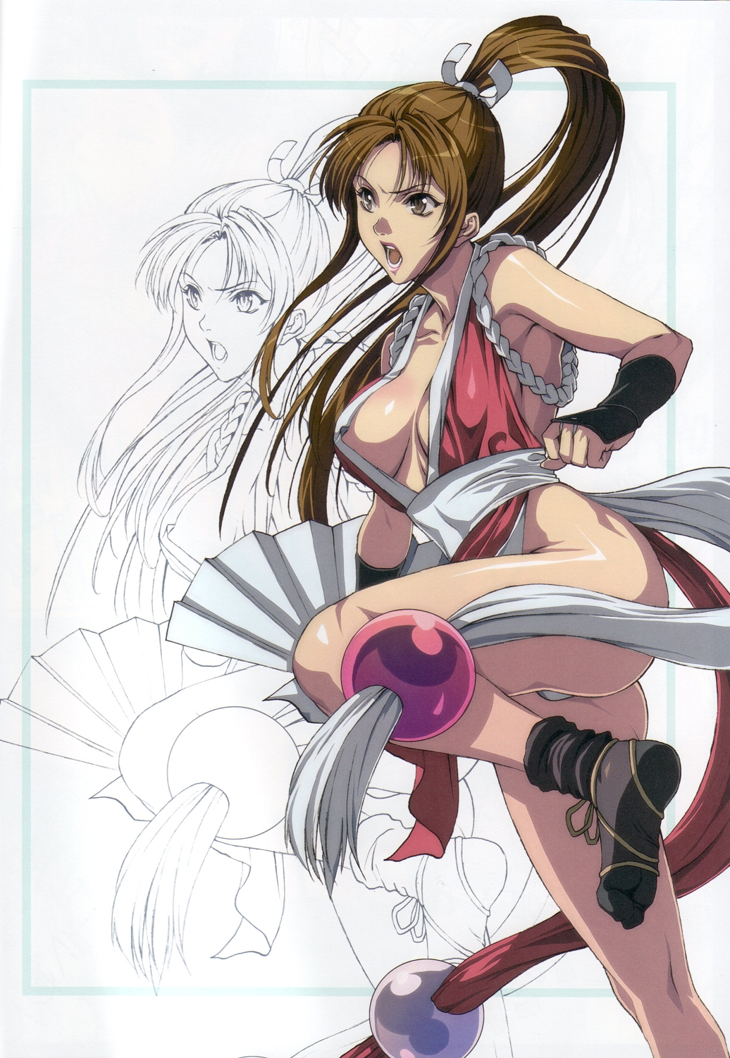 breasts brown_eyes brown_hair cleavage fan fatal_fury folding_fan gloves highres homare_(fool's_art) japanese_clothes king_of_fighters leg_up long_hair open_mouth panties ponytail shiranui_mai snk solo underwear weapon zoom_layer