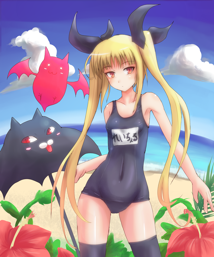 black_legwear blazblue blonde_hair flower gii hibiscus nago name_tag one-piece_swimsuit rachel_alucard red_eyes school_swimsuit sumapan swimsuit thigh-highs thighhighs twintails