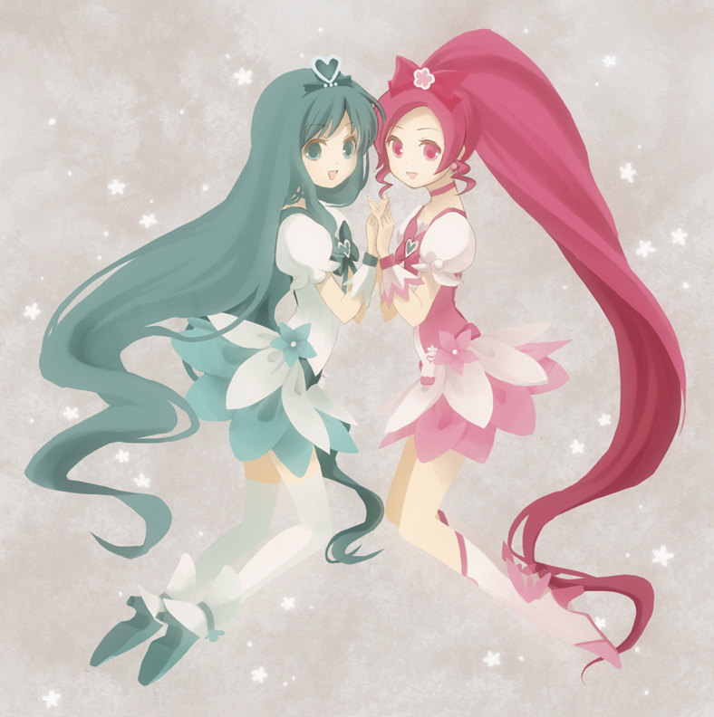 bad_id blue_eyes blue_hair boots cure_blossom cure_marine grey_background hanasaki_tsubomi heart heartcatch_precure! holding_hands kurumi_erika long_hair magical_girl multiple_girls pink_eyes pink_hair ponytail precure shiramori_yuse skirt thigh-highs thighhighs wrist_cuffs yuse