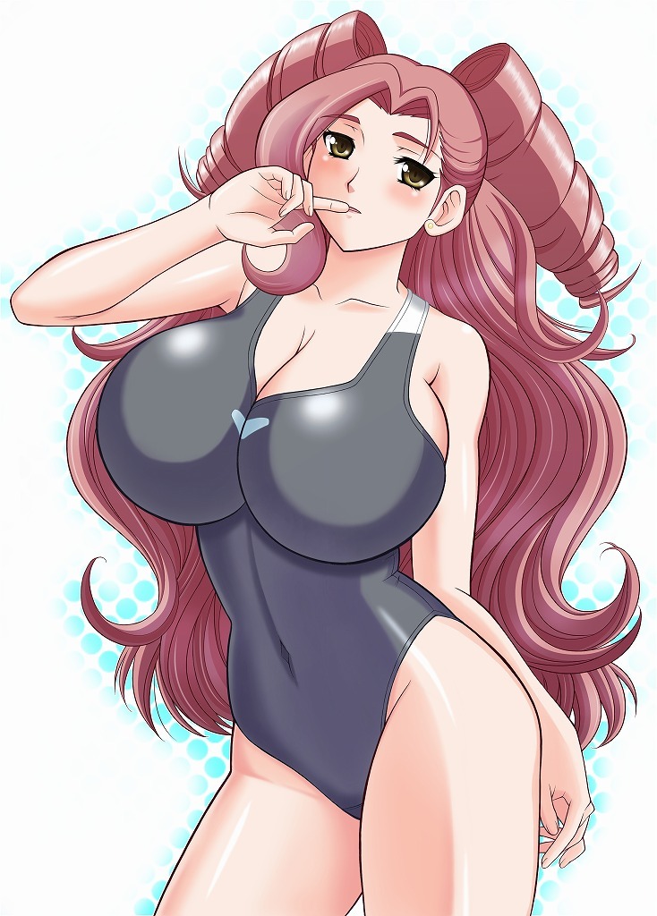 blush breasts brown_eyes cleavage drill_hair finger_to_mouth heroman long_hair redhead swimsuit vera_collins