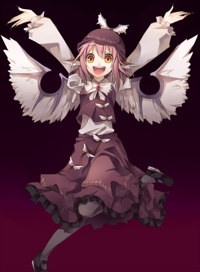 :d \o/ arms_up happy hat kontore mystia_lorelei open_mouth orange_eyes outstretched_arms pink_hair ribbon short_hair smile solo spread_arms touhou wings