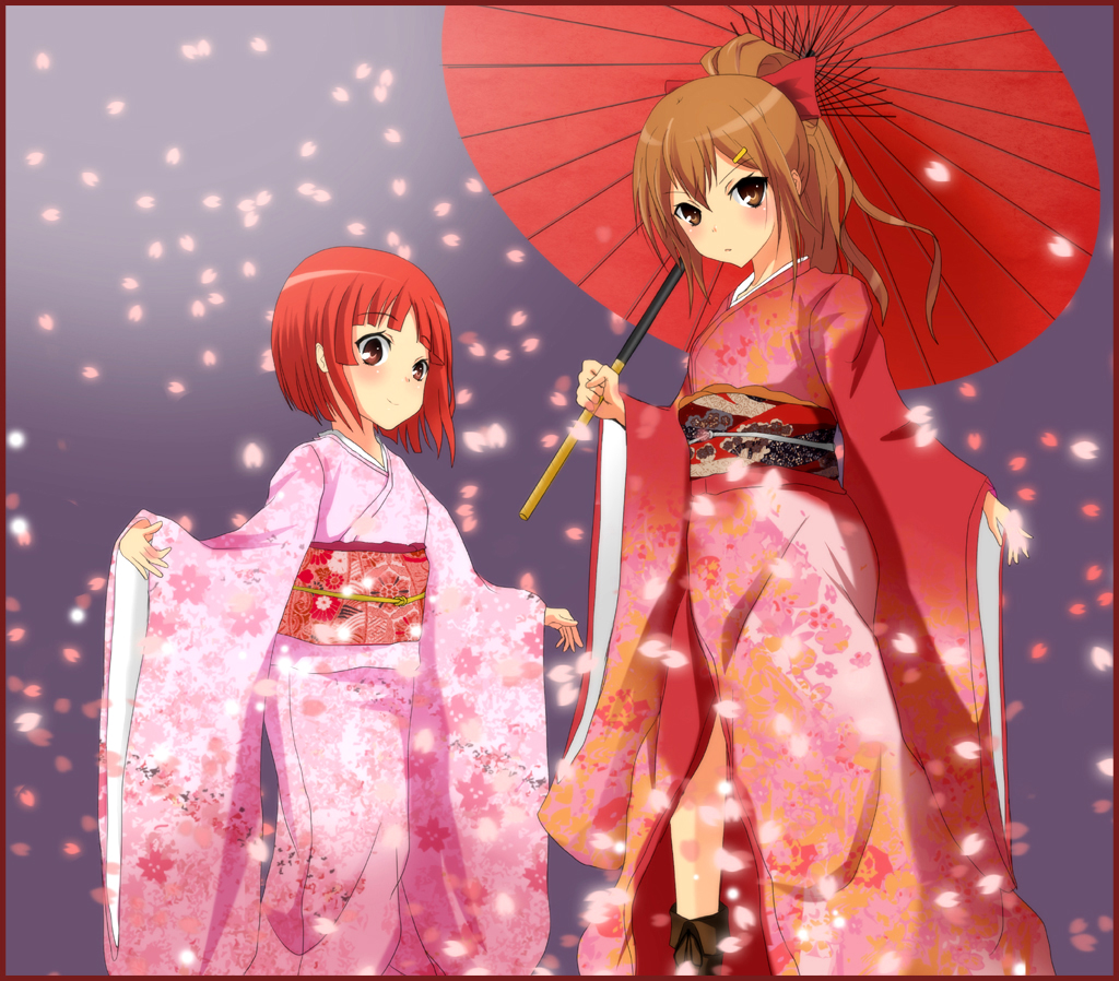 bad_hands boots cherry_blossoms floral_print japanese_clothes kimono ok-ray ookami-san ookami-san_to_shichinin_no_nakamatachi ookami_ryouko oriental_umbrella petals umbrella wide_sleeves yukata