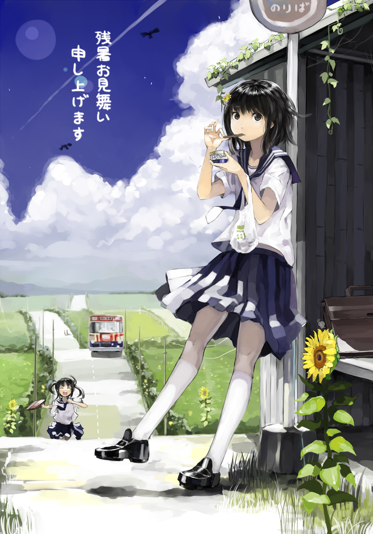 bus bus_stop closed_eyes cloud flower food kneehighs legs loafers motor_vehicle nauribon original road running school_uniform serafuku shoes skirt sky socks sunflower translation_request vehicle white_legwear