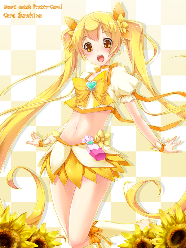 blonde_hair boots character_name cure_sunshine dress flower hair_ribbon heart heartcatch_precure! long_hair magical_girl midriff myoudouin_itsuki navel open_mouth precure ribbon skirt solo sunflower title_drop twintails wrist_cuffs yellow yellow_background yellow_dress yellow_eyes yukinon