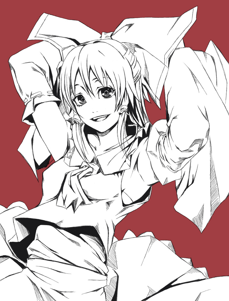 and armpits arms_up hakurei_reimu monochrome simple_background smile solo touhou