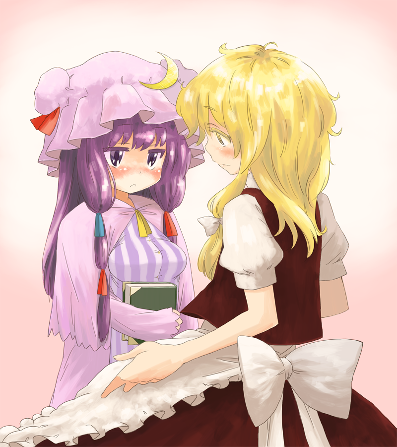 bad_id blonde_hair blush book crescent crescent_moon hat kirisame_marisa long_hair matsutani multiple_girls patchouli_knowledge purple_eyes purple_hair short_hair touhou violet_eyes