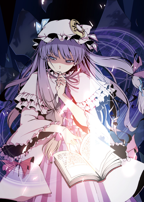 azuma_shoujuan book bow capelet finger_to_mouth frills hair_bow hair_ribbon hat long_hair magic_circle patchouli_knowledge purple_eyes purple_hair ribbon solo squinting touhou violet_eyes