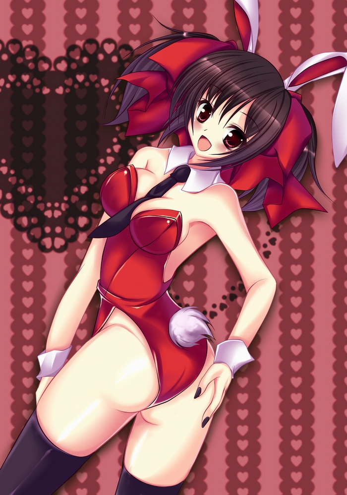 :d armpits ass ass_grab bad_id between_breasts black_hair black_legwear blush breasts brown_eyes bunny_ears bunny_tail bunnysuit cleavage ebiten_(manga) from_behind heart highleg looking_back nail_polish nanahosi_seiiki necktie open_mouth rabbit_ears red_eyes short_hair short_twintails smile solo standing tail thigh-highs thighhighs todayama_kyouko twintails wrist_cuffs